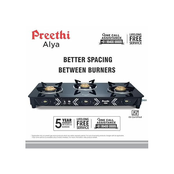 Buy Preethi Alya Glass Top with Bati 3 Burner Gas Stove - Vasanth and Co