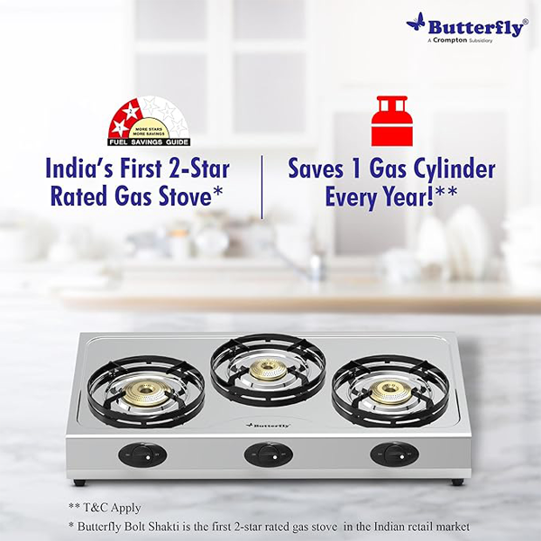 Buy Butterfly Bolt Shakti 3B Stainless Steel LPG Gas Stove - Vasanth and Co