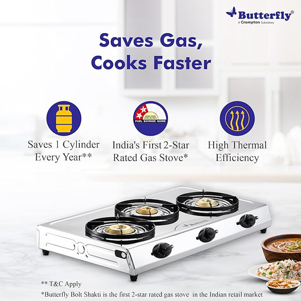 Buy Butterfly Bolt Shakti 3B Stainless Steel LPG Gas Stove - Vasanth and Co