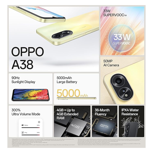 Buy Oppo A38 4G 4GB 128 GB Glowing Gold Mobile - Vasanth & Co