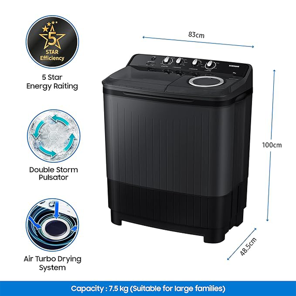 Buy Samsung 7.5 kg WT75B3200GD/TL Semi Automatic Top Load Washing Machine with Hexa Storm Pulsator - Vasanth & Co