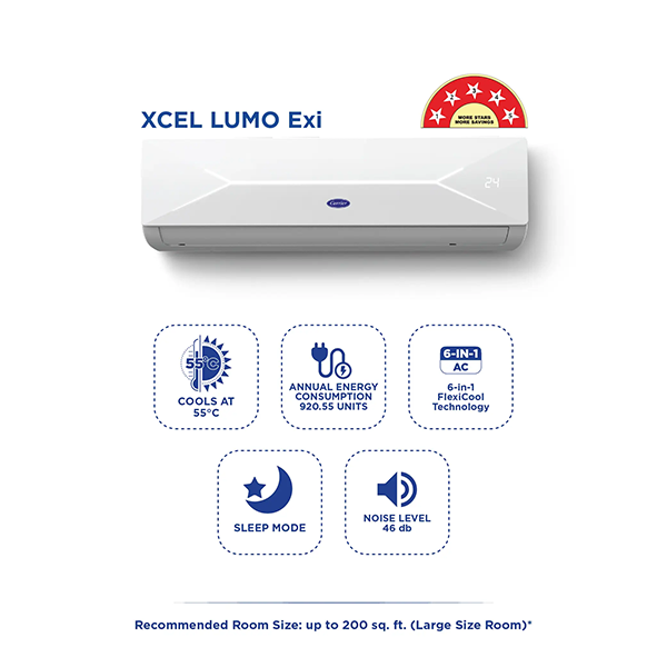Buy Carrier 1 Ton 5 Star 12K XCEL LUMO EXI Inverter SE(KW) Display R32 6 IN 1 Flexicool Split Ac - Vasanth & Co