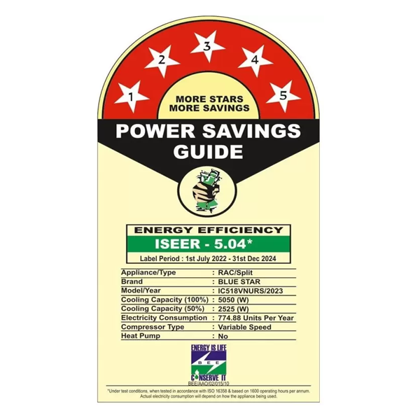 Buy Bluestar 1.5 Ton 5 Star IC518VNURS White Split Inverter AC - Vasanth & Co