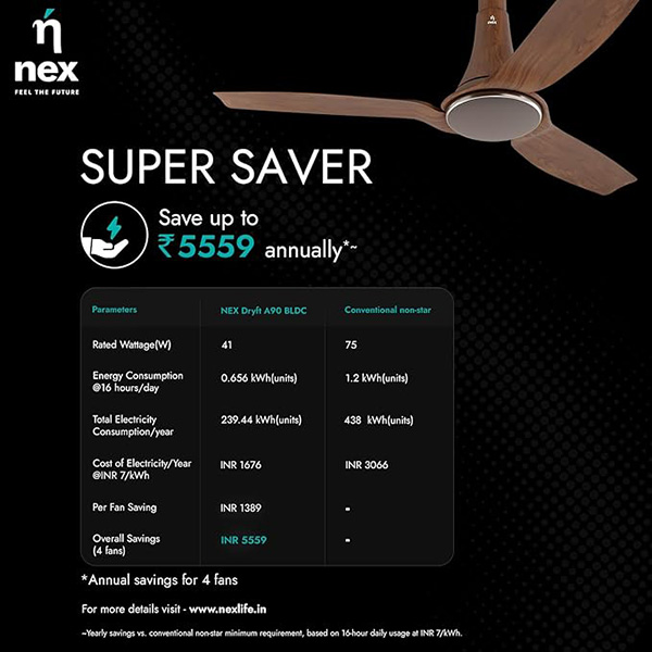 Buy Nex Dryft A90 5 Star 3 Blade BLDC Walnut Ceiling Fan - Vasanth & Co