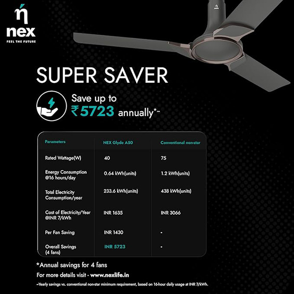 Buy Nex Glyde A50 4 Star 1200mm 3 Blade BLDC Granite Grey Ceiling Fan - Vasanth & Co