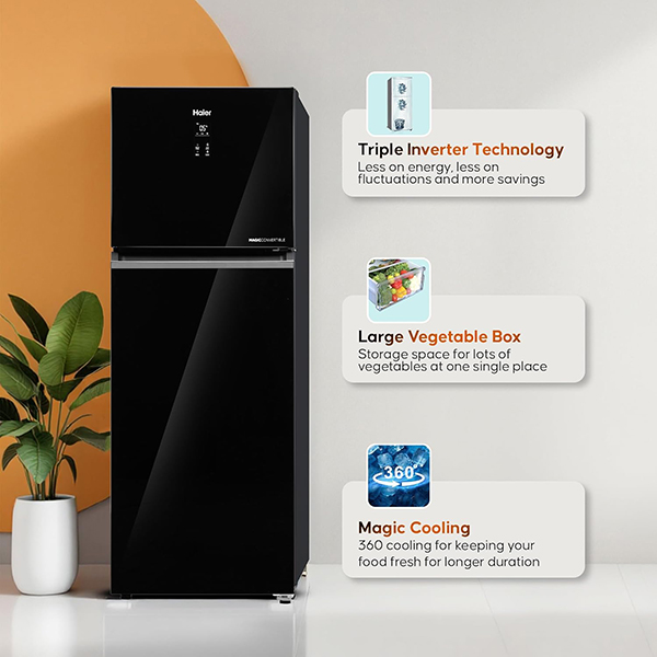 Buy Haier 358 L 3 Star HRF-4083PLKG-P Display Panel Black Glass Frost Free Double Door Refrigerator – Vasanth and Co