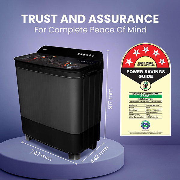 Buy Haier 9 Kg HTW90-178FLN:NOIDA Semi-Automatic Washing Machine With Toughened Glass – Vasanth and Co