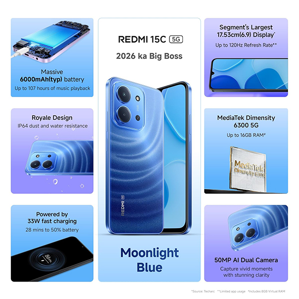 Buy Redmi 15C 5G 8 GB RAM 128 GB Moonlight Blue Mobile Phone – Vasanth and Co