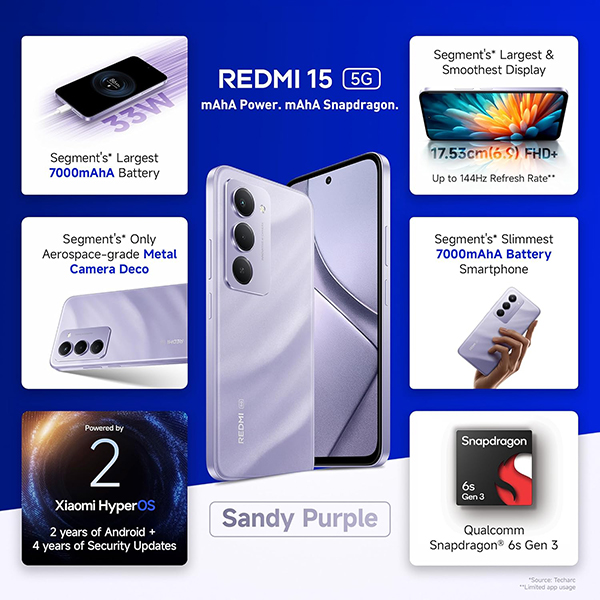 Buy Redmi 15 5G 8GB + 256GB Sandy Purple Mobile Phone – Vasanth and Co