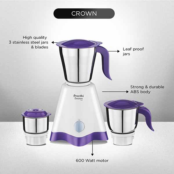Buy Preethi Crown Pro 3 Jars MG254 White/Purple Mixer Grinder Online - Vasanth & Co