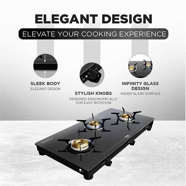 Buy Preethi 3 Burner Luxe Pro GTS417 Black Glass Top Gas Stove Online - Vasanth & Co