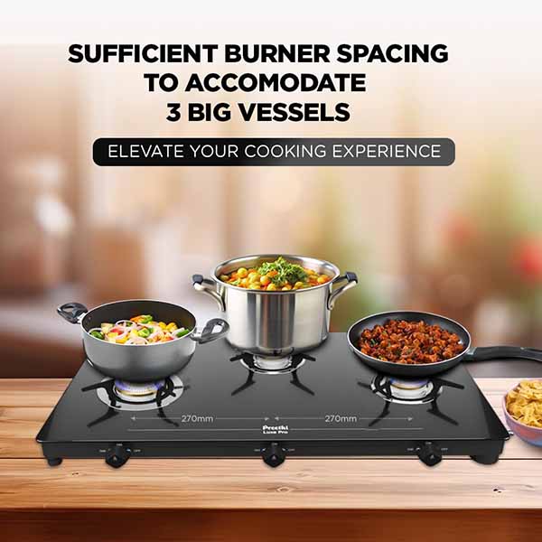 Buy Preethi 3 Burner Luxe Pro GTS417 Black Glass Top Gas Stove Online - Vasanth & Co