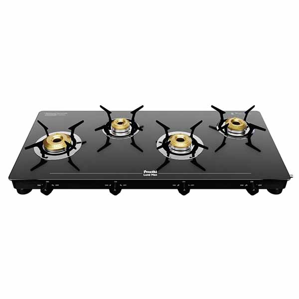 Buy Preethi 4 Burner Luxe Max GTS418 Black Glass Top Gas Stove Online - Vasanth & Co