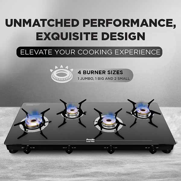Buy Preethi 4 Burner Luxe Max GTS418 Black Glass Top Gas Stove Online - Vasanth & Co