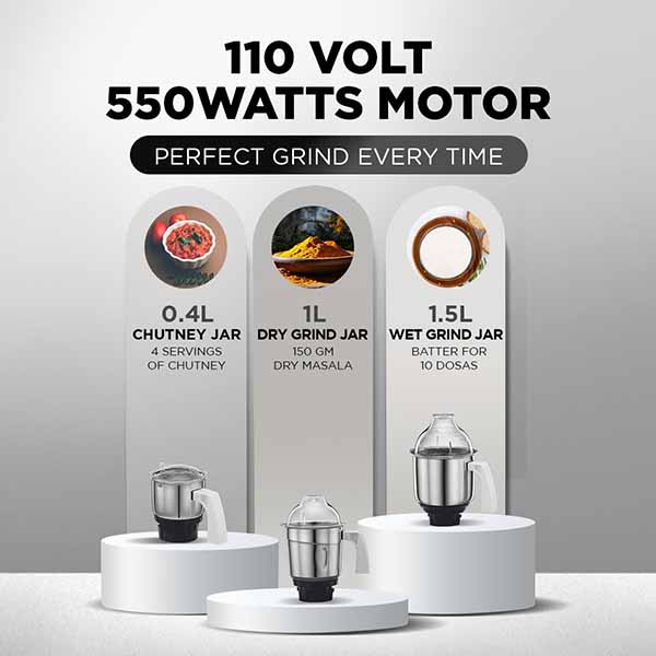 Buy Preethi 3 Jars 110V 550 Watts Eco Plus MG 138 White Mixer Grinder Online - Vasanth & Co